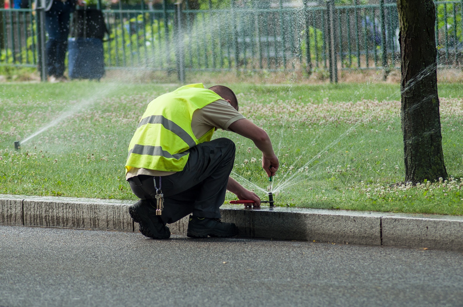 Sprinkler repair service in Wylie TX fixing a broken irrigation sprinkler head